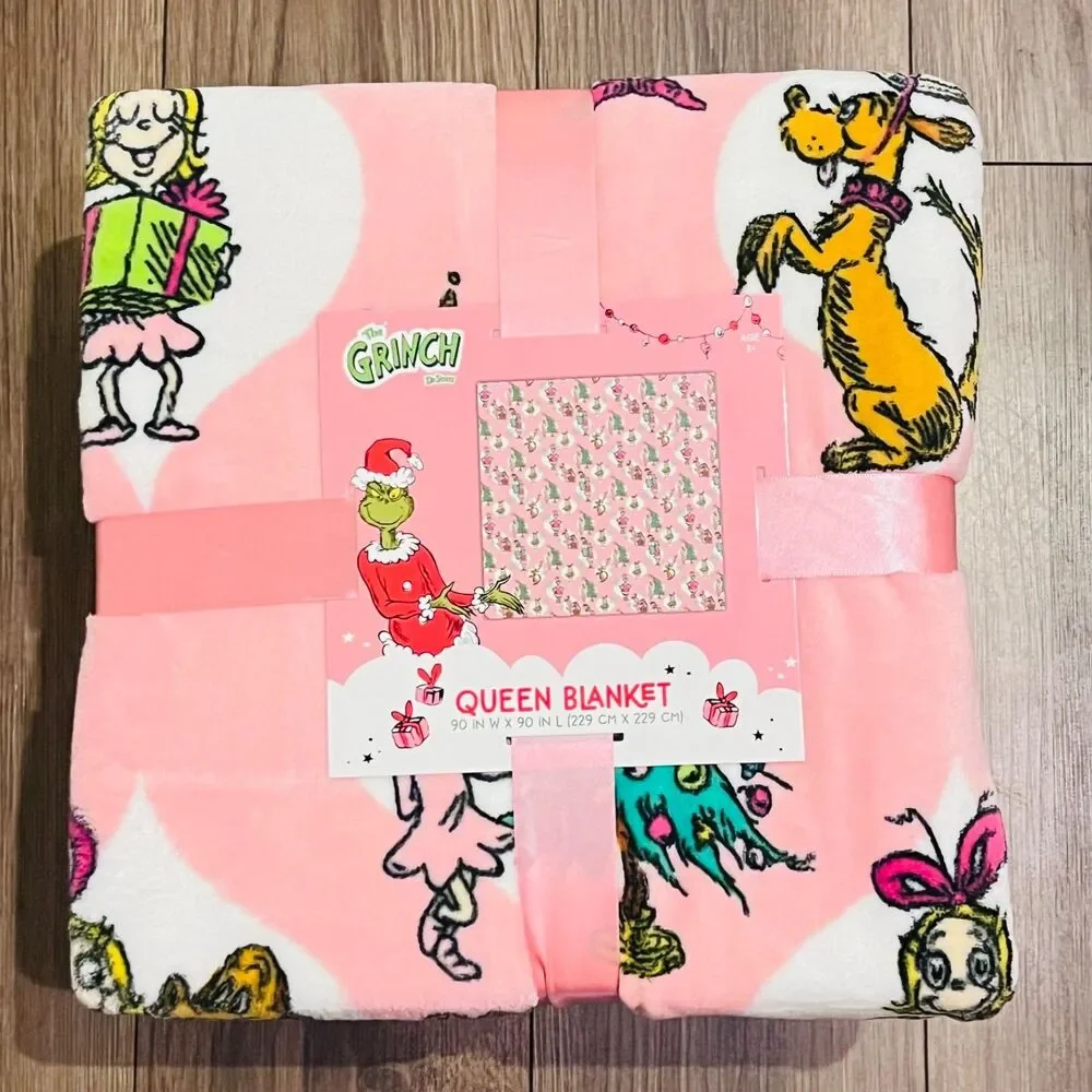 NWT Christmas Dr Seuss Grinch & Max Pink Tree Plush Queen Throw Blanket 90x90
